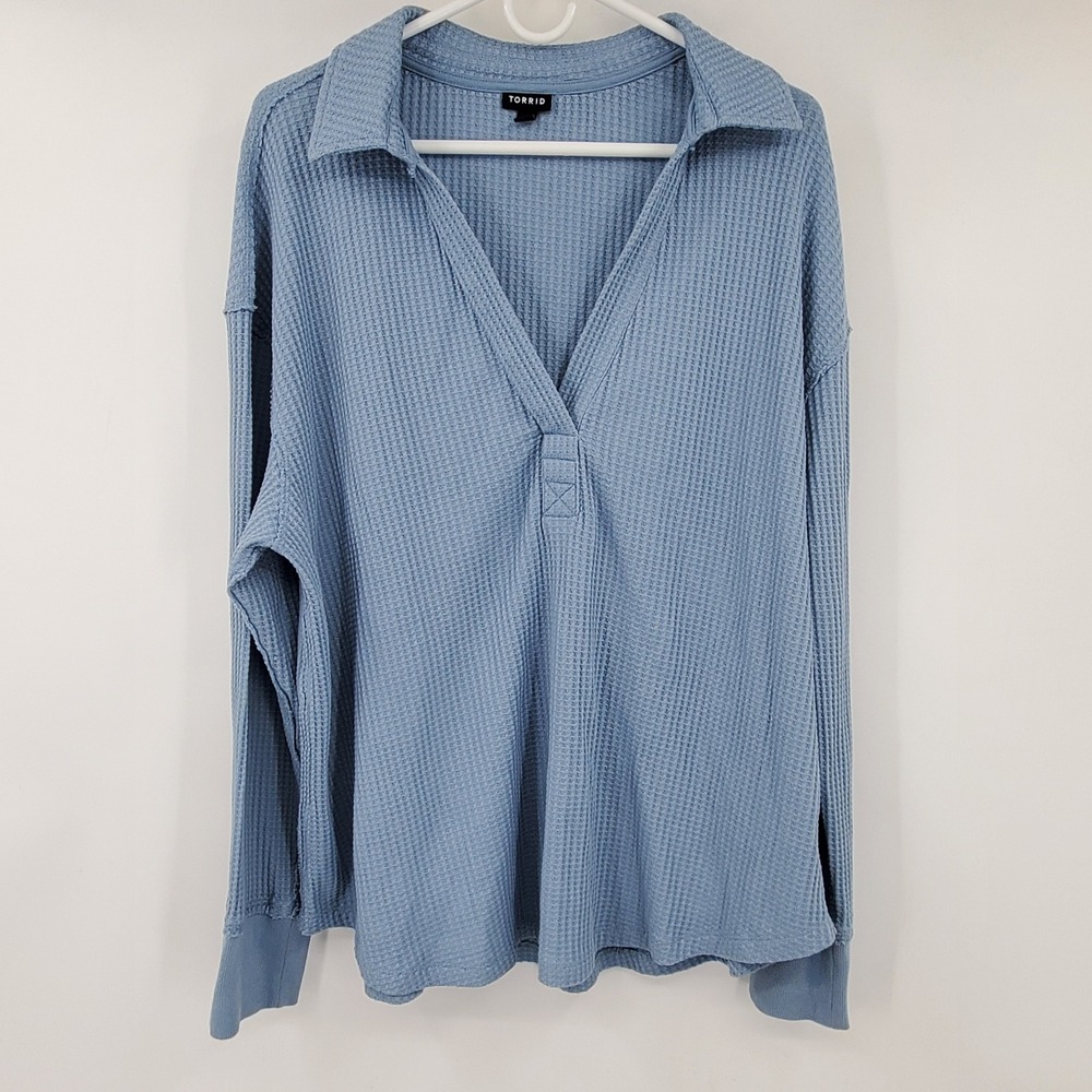 Torrid Women Blue Waffle Knit V-Neck Polo Collar Long Sleeve Top 1X Popover